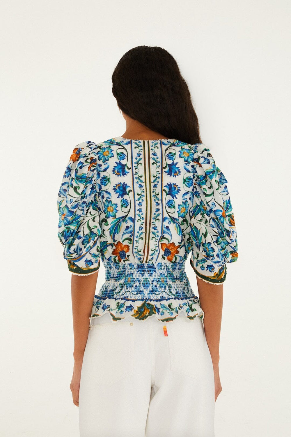 Off-White Flora Tile Smocked Organic Cotton Blouse - FARM Rio FLORA TILE OFF-WHITE