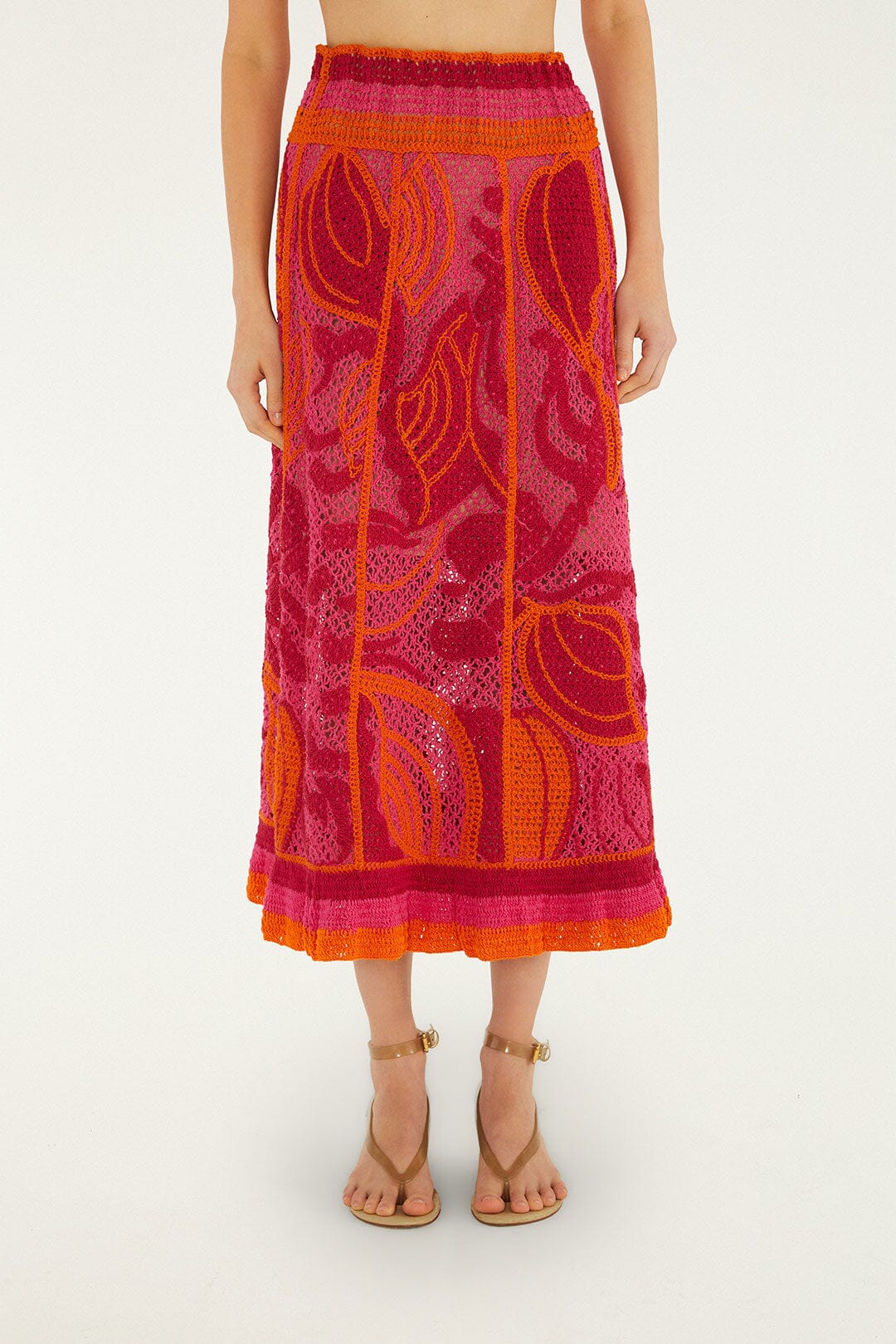 Pink And Orange Seashell Crochet Midi Skirt - FARM Rio PINK AND ORANGE