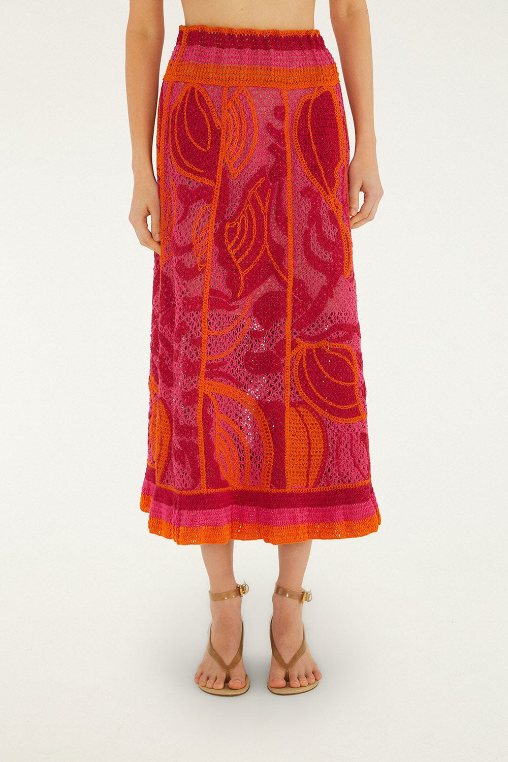 Pink And Orange Seashell Crochet Midi Skirt - FARM Rio PINK AND ORANGE