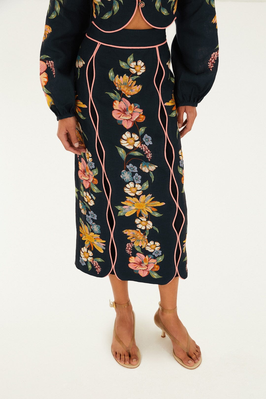 Dark Blue Maira Floral Euroflax Premium Linen Midi Skirt - FARM Rio MAIRA FLORAL DARK BLUE