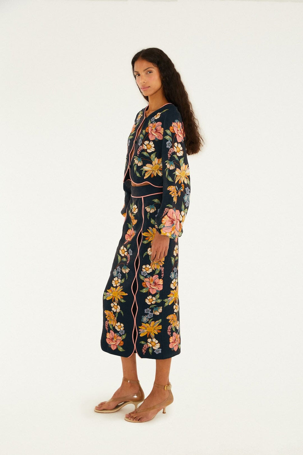 Dark Blue Maira Floral Euroflax Premium Linen Midi Skirt - FARM Rio MAIRA FLORAL DARK BLUE