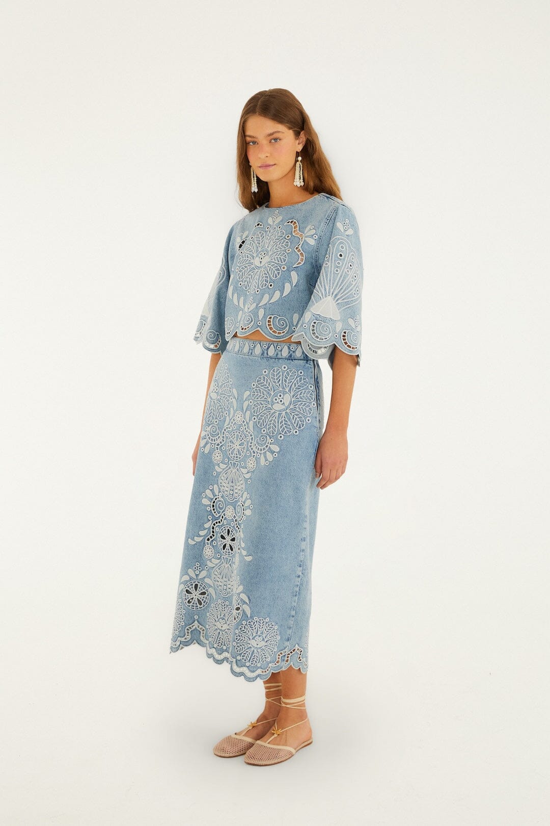 Denim Richelieu Wavy Hem Midi Skirt - FARM Rio DENIM