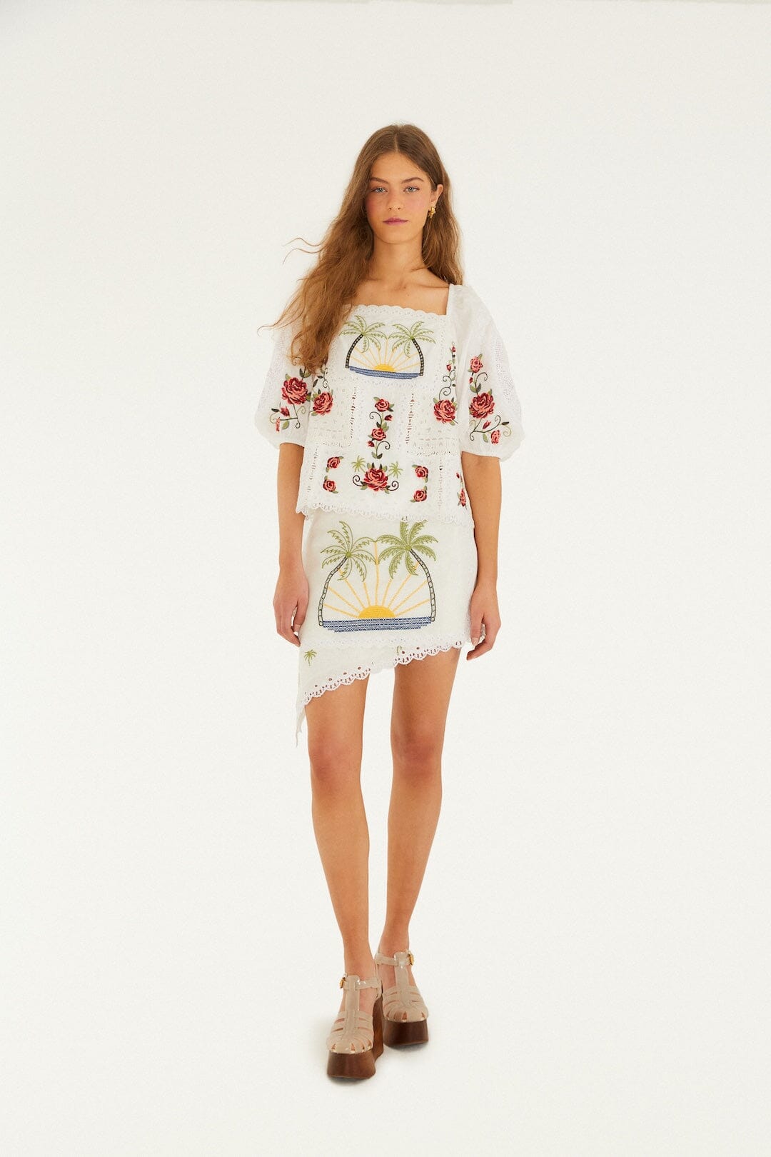 Off-White Tropi Scarf Embroidered Euroflax Premium Linen Mini Skirt - FARM Rio TROPI OFF-WHITE SCARF