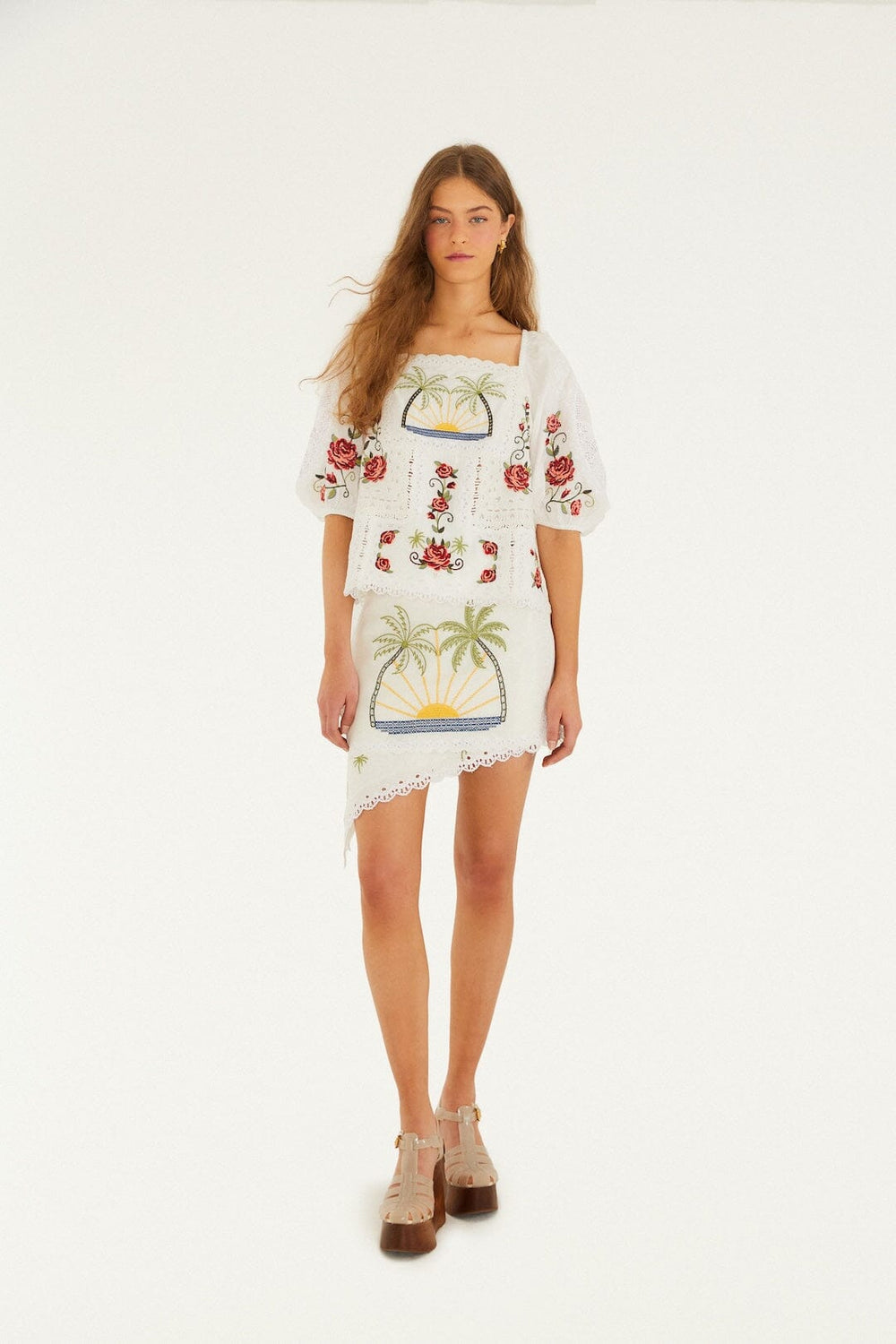 Off-White Tropi Scarf Embroidered Euroflax Premium Linen Mini Skirt - FARM Rio TROPI OFF-WHITE SCARF