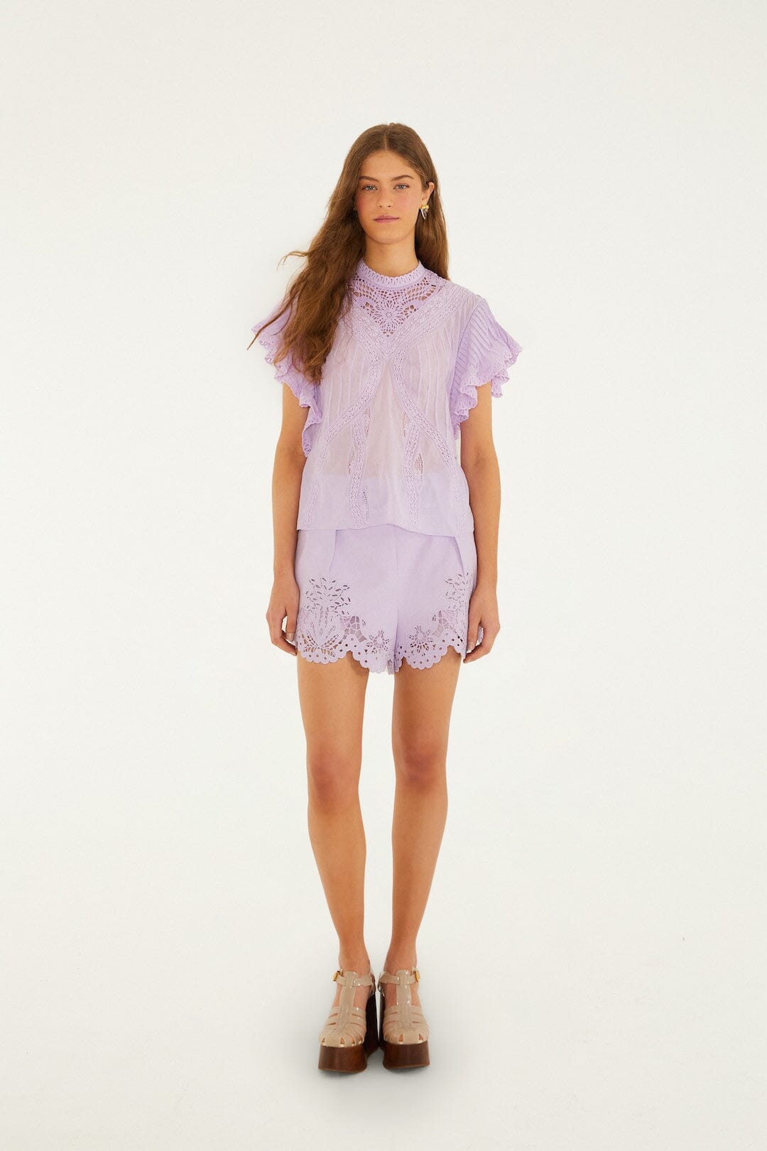 Lilac Geometric Richelieu Twill Belted Shorts - FARM Rio PURPLE