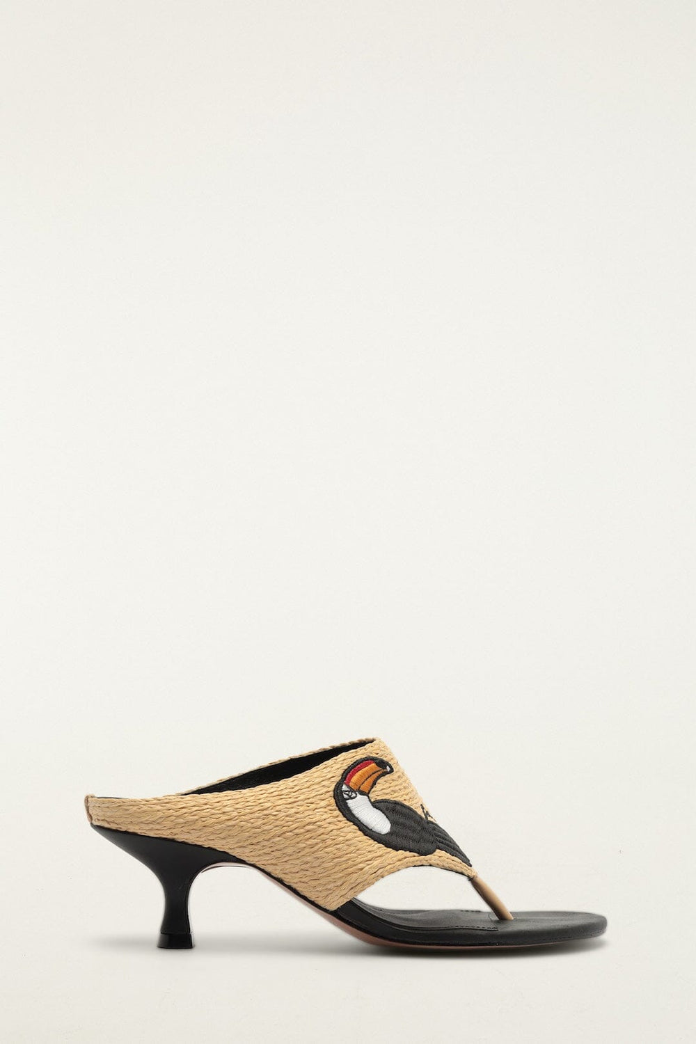 Raffia Embroidered Icons Kitten Heeled Sandal - FARM Rio TUCAN BLACK