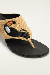 Raffia Embroidered Icons Kitten Heeled Sandal - FARM Rio TUCAN BLACK