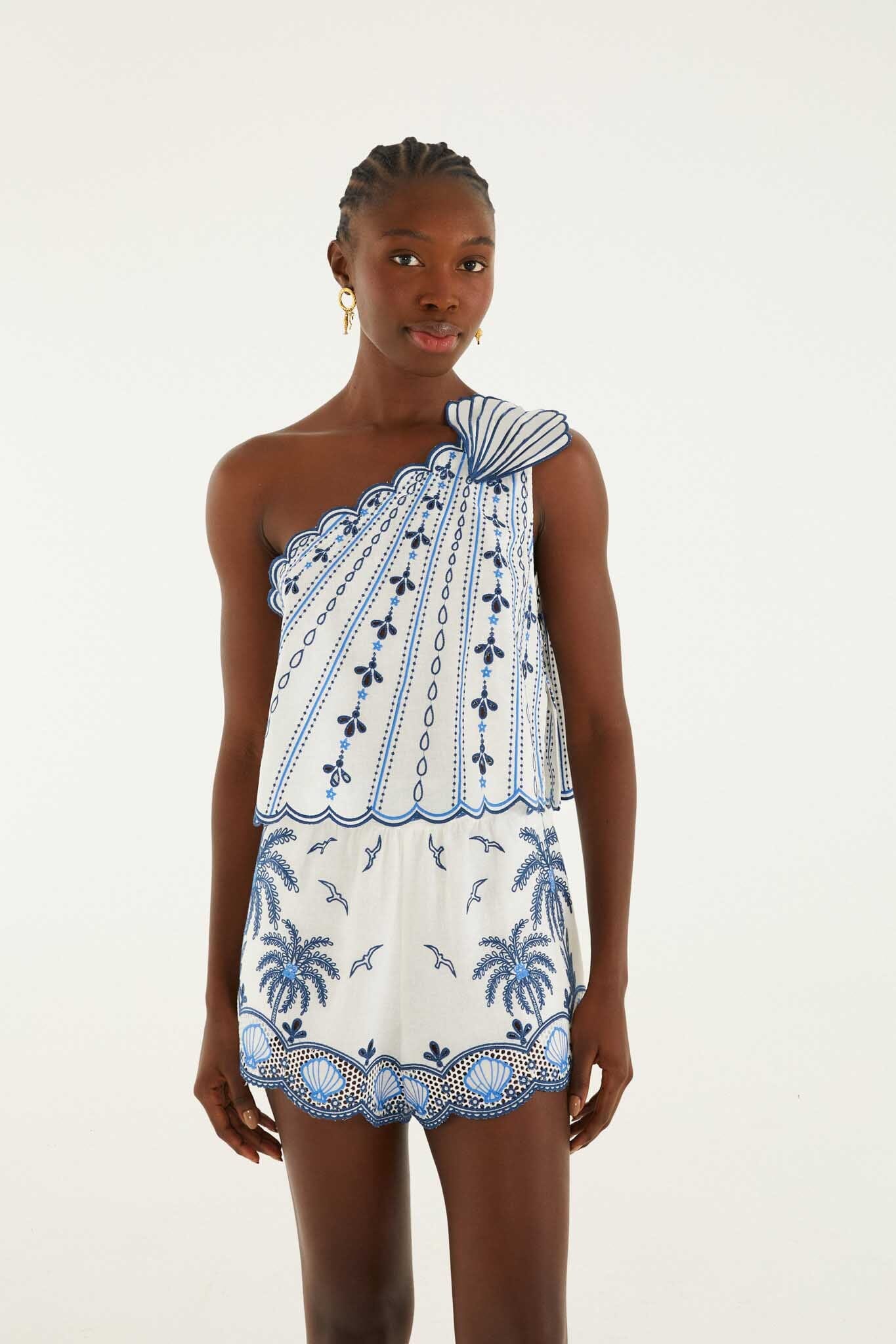 One Shoulder 3d Blouse With Embroidery - FARM Rio COAST STARS