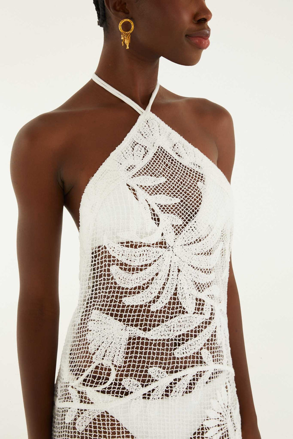 White Crochet Halter Neck Sheer Midi Dress - FARM Rio MARTINA TAPESTRY