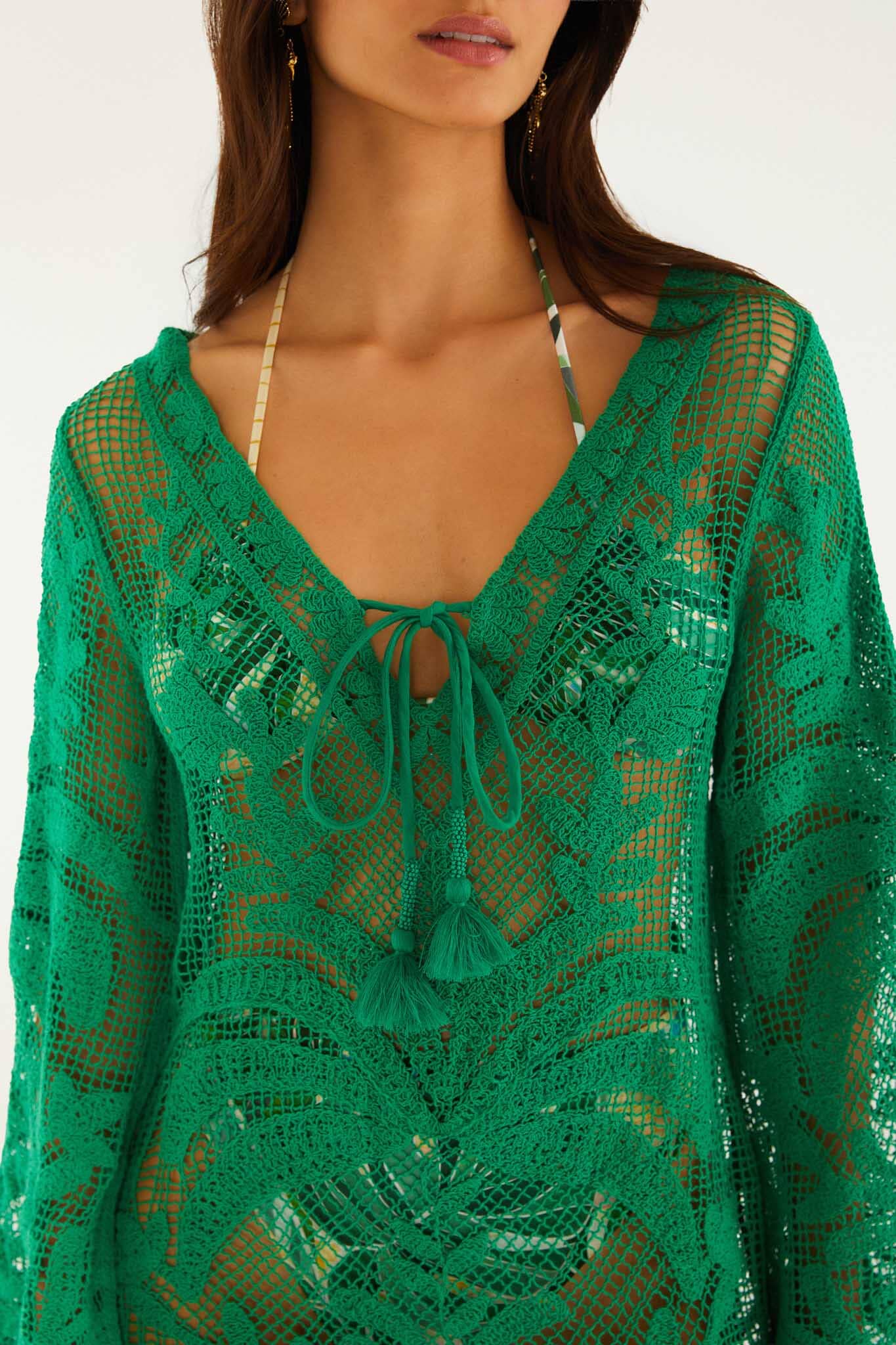 Green Richelieu Open Sheer Back Mini Dress - FARM Rio MARTINA TAPESTRY