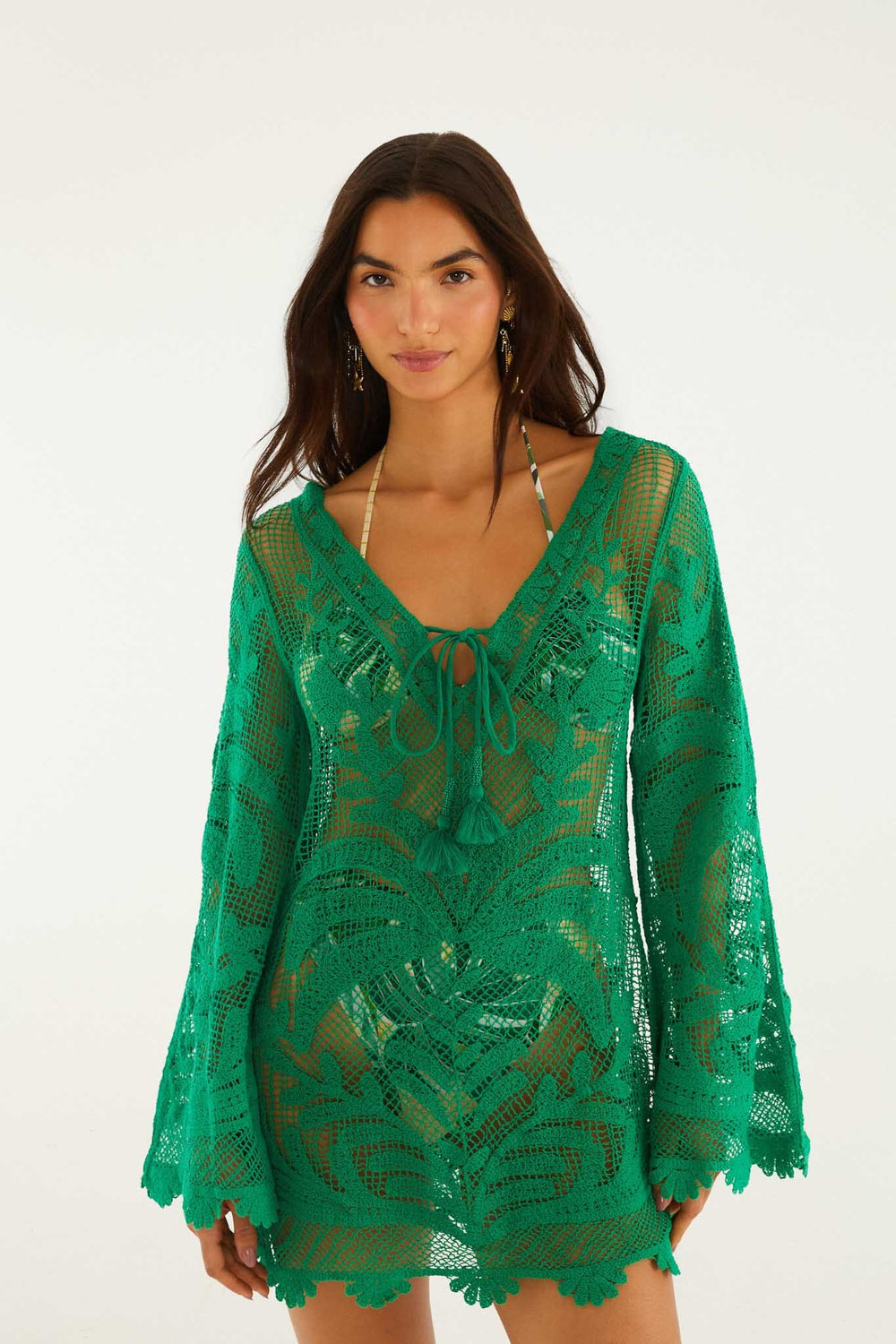 Green Richelieu Open Sheer Back Mini Dress - FARM Rio MARTINA TAPESTRY
