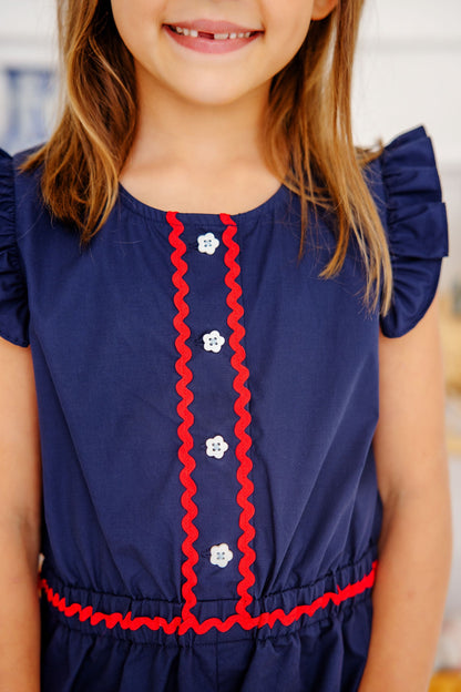 Beaufort Bonnet Marion Rose Romper - Nantucket Navy & Richmond Red