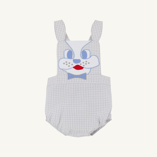 Beaufort Bonnet Sayre Sunsuit - Grantley Gray Mini Gingham & Dog Applique