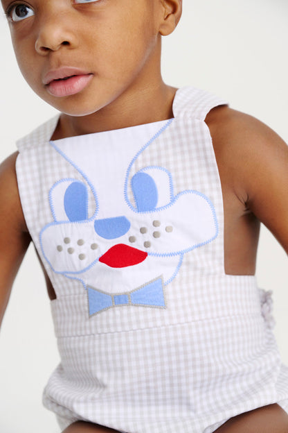 Beaufort Bonnet Sayre Sunsuit - Grantley Gray Mini Gingham & Dog Applique