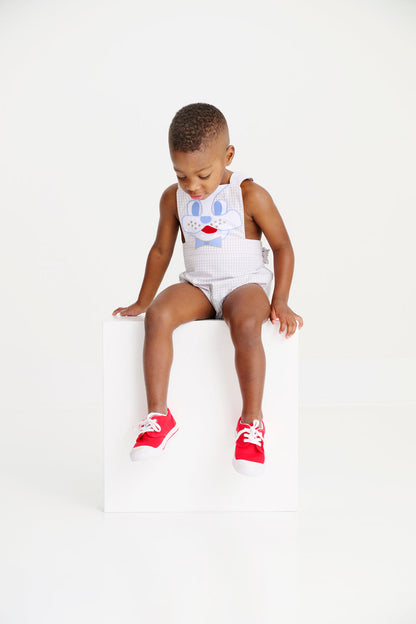 Beaufort Bonnet Sayre Sunsuit - Grantley Gray Mini Gingham & Dog Applique