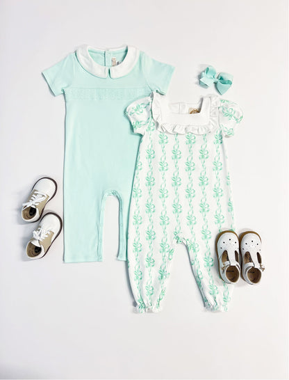 Beaufort Bonnet Short Sleeve Samuel Smocked Romper - Sea Island Seafoam