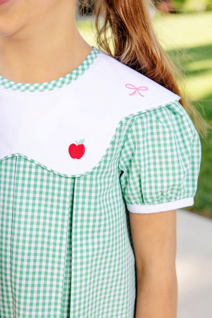 Beaufort Bonnet Frenchy Frock - Green Gingham with Apple & Bow Embroidery