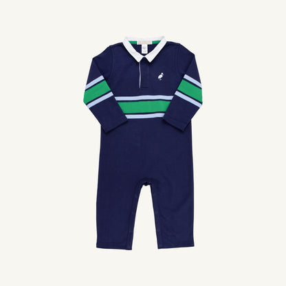 Beaufort Bonnet Sir Proper's Rugby Romper - Navy with Blue & Green Stripe