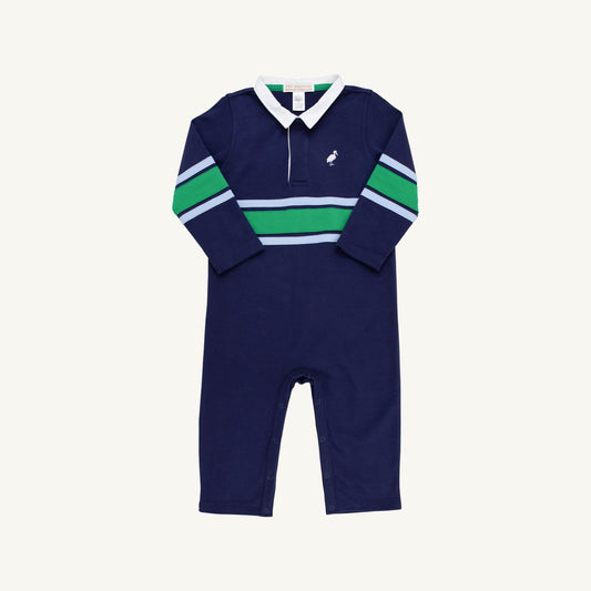Beaufort Bonnet Sir Proper's Rugby Romper - Navy with Blue & Green Stripe