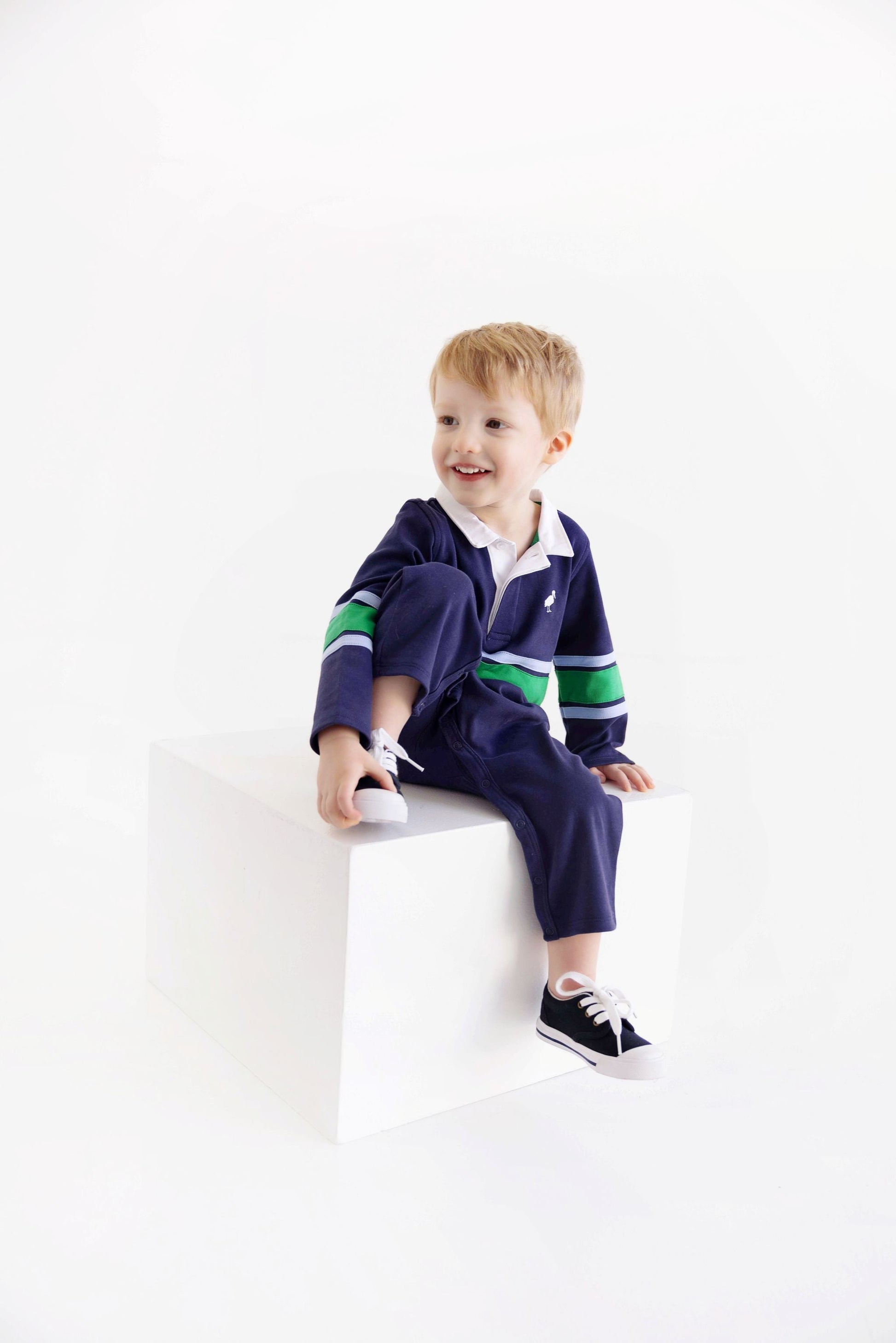 Beaufort Bonnet Sir Proper's Rugby Romper - Navy with Blue & Green Stripe