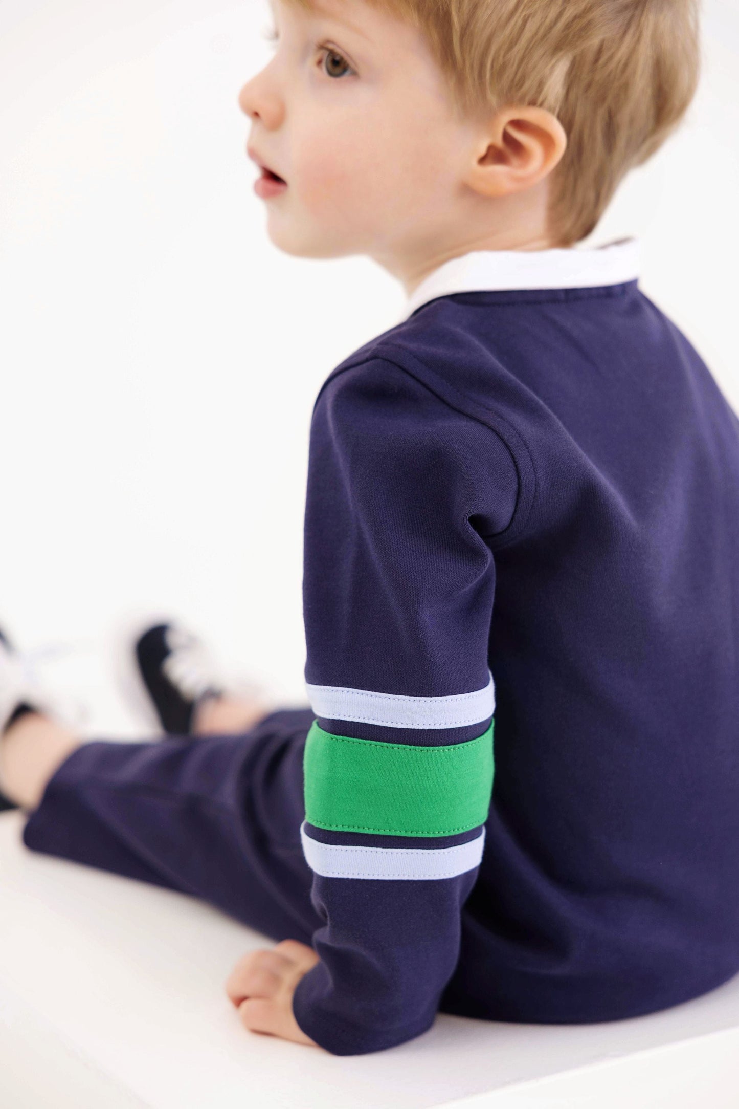 Beaufort Bonnet Sir Proper's Rugby Romper - Navy with Blue & Green Stripe