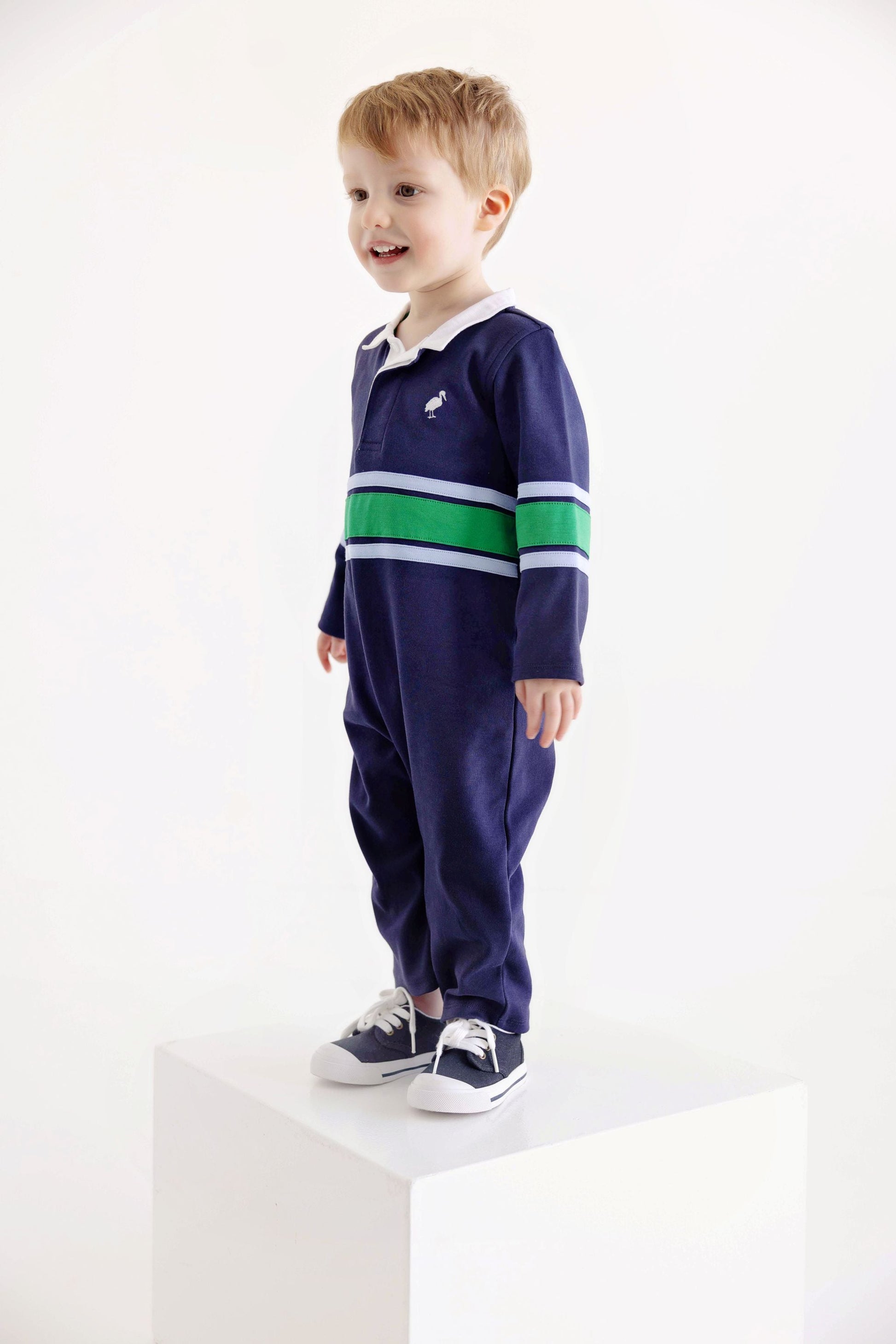 Beaufort Bonnet Sir Proper's Rugby Romper - Navy with Blue & Green Stripe