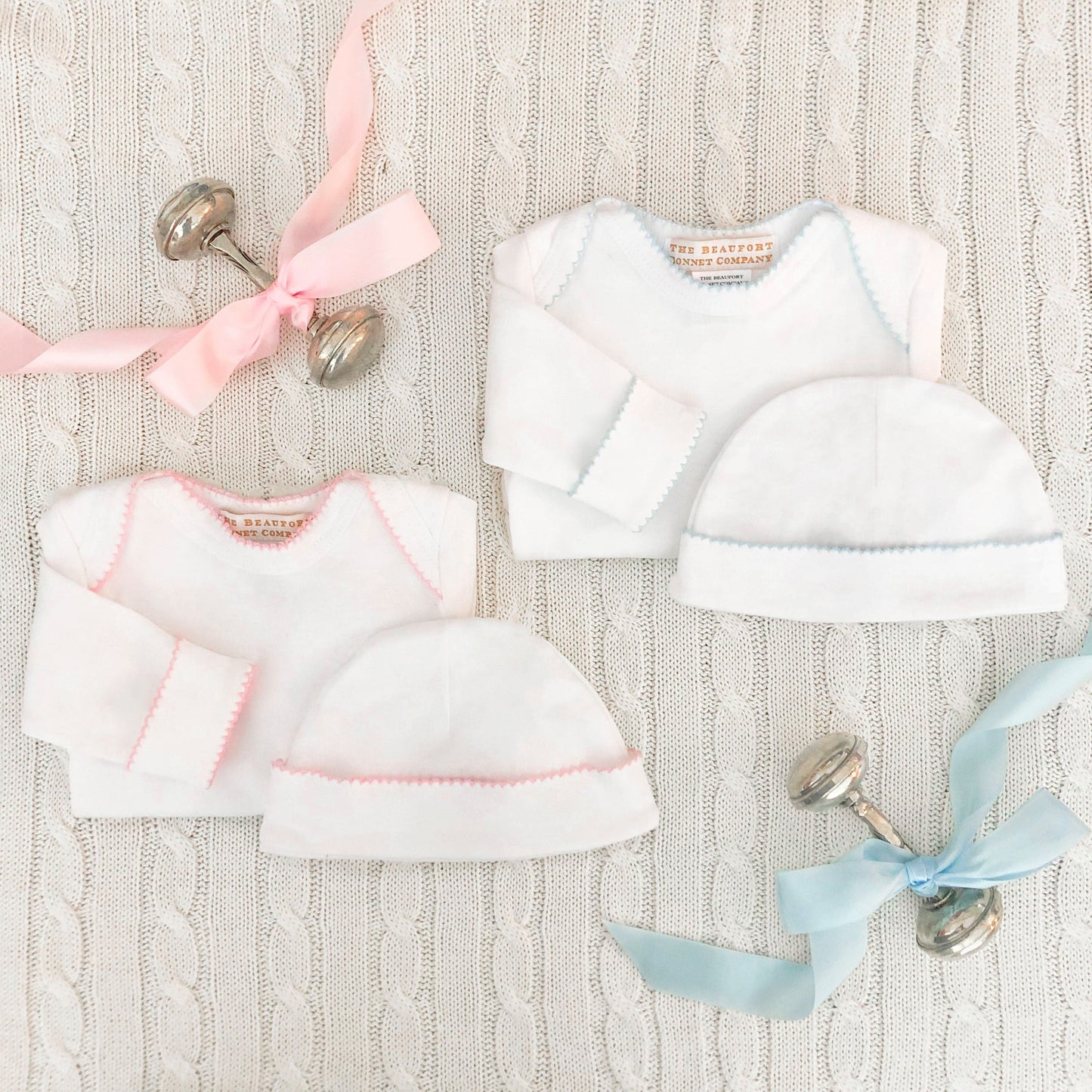 Beaufort Bonnet Darling Debut Set (with snaps) - Worth Avenue White with Palm Beach Pi