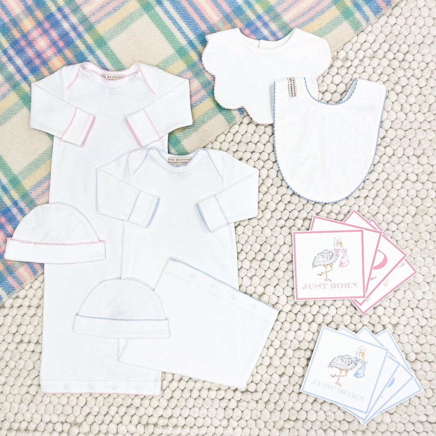 Beaufort Bonnet Darling Debut Set (with snaps) - Worth Avenue White with Palm Beach Pi