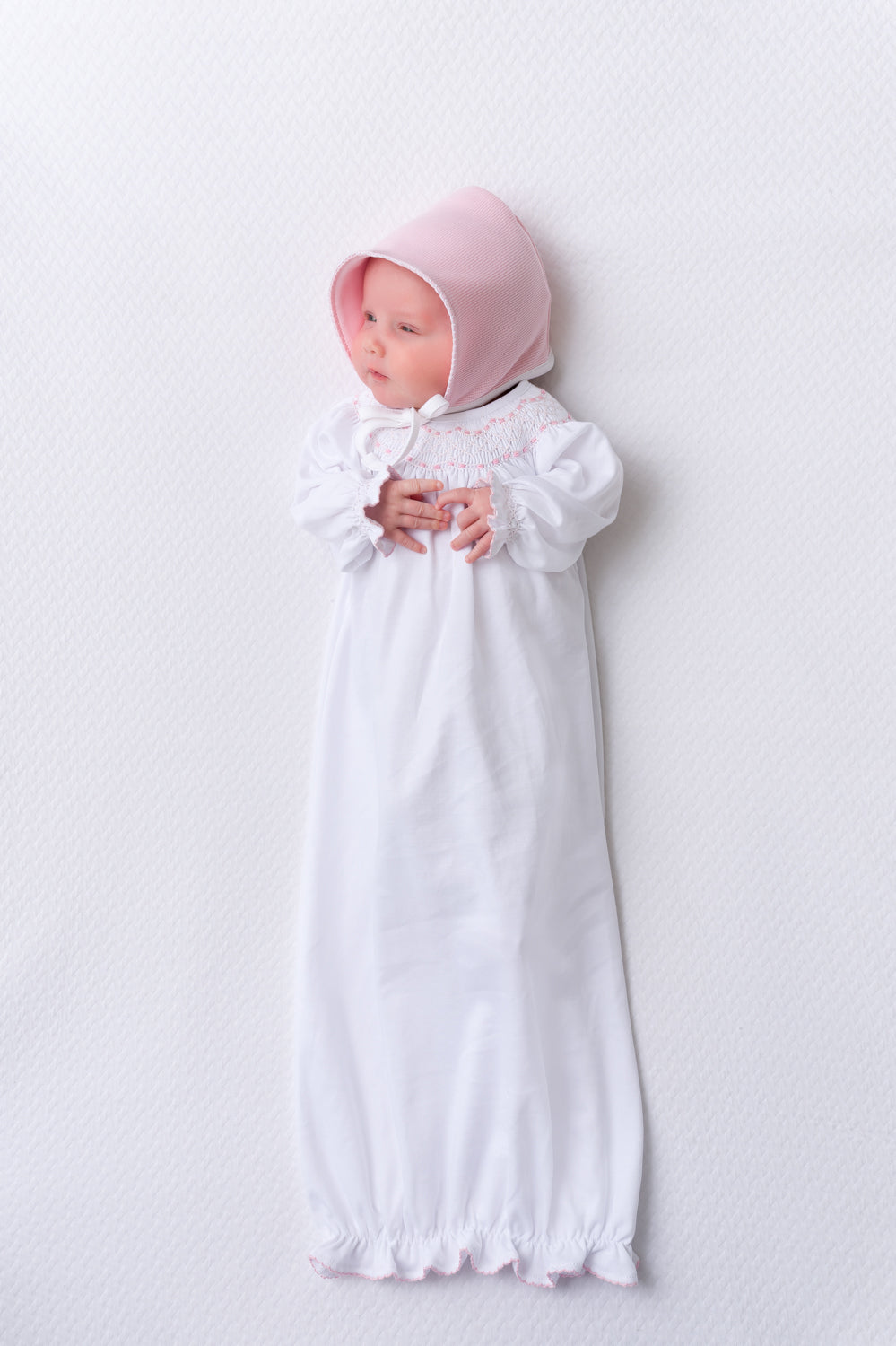 Beaufort Bonnet Sweetly Smocked Greeting Gown - Worth Avenue White with Palm Beach Pin