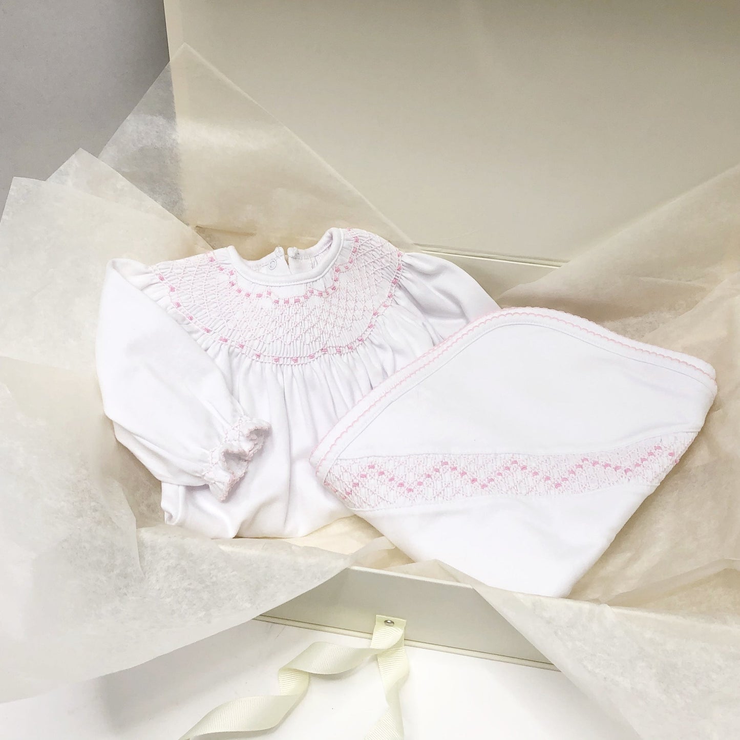 Beaufort Bonnet Sweetly Smocked Blessing Blanket - Worth Avenue White with Palm Beach