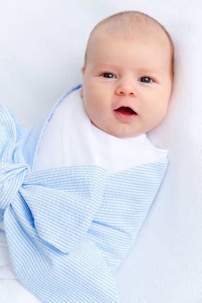 Beaufort Bonnet Bow Swaddle ® - Breakers Blue Seersucker