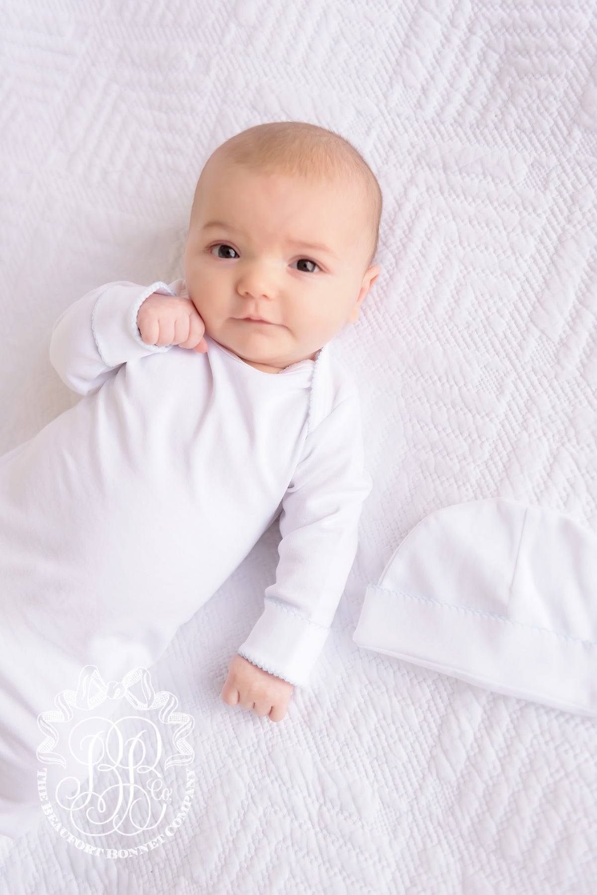 Beaufort Bonnet Darling Debut Set (with snaps) - Worth Avenue White with Buckhead Blue