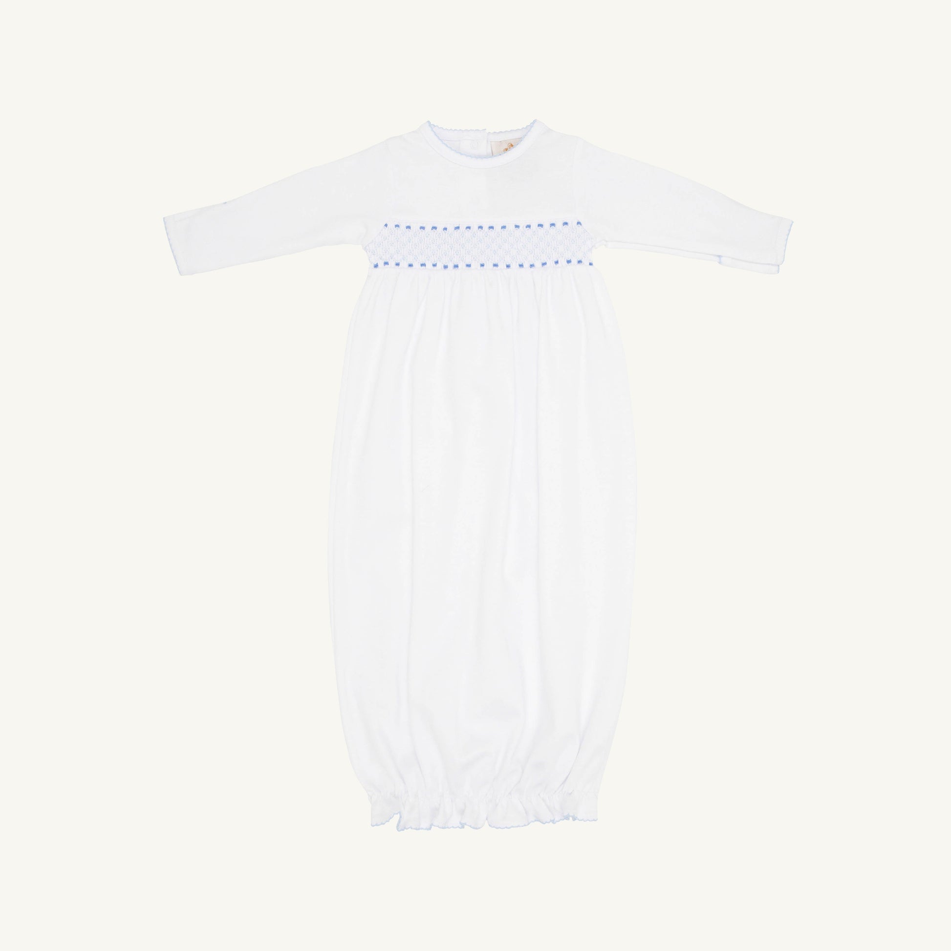 Beaufort Bonnet Sweetly Smocked Greeting Gown - Worth Avenue White with Buckhead Blue