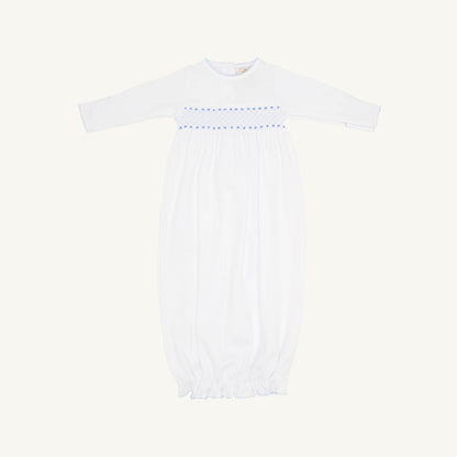 Beaufort Bonnet Sweetly Smocked Greeting Gown - Worth Avenue White with Buckhead Blue