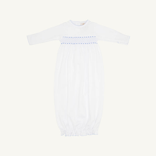 Beaufort Bonnet Sweetly Smocked Greeting Gown - Worth Avenue White with Buckhead Blue