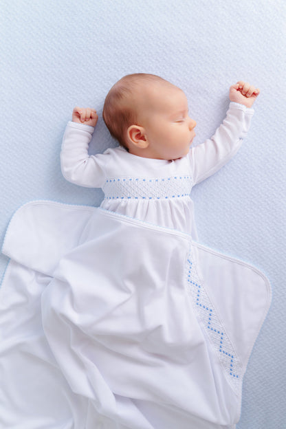 Beaufort Bonnet Sweetly Smocked Greeting Gown - Worth Avenue White with Buckhead Blue