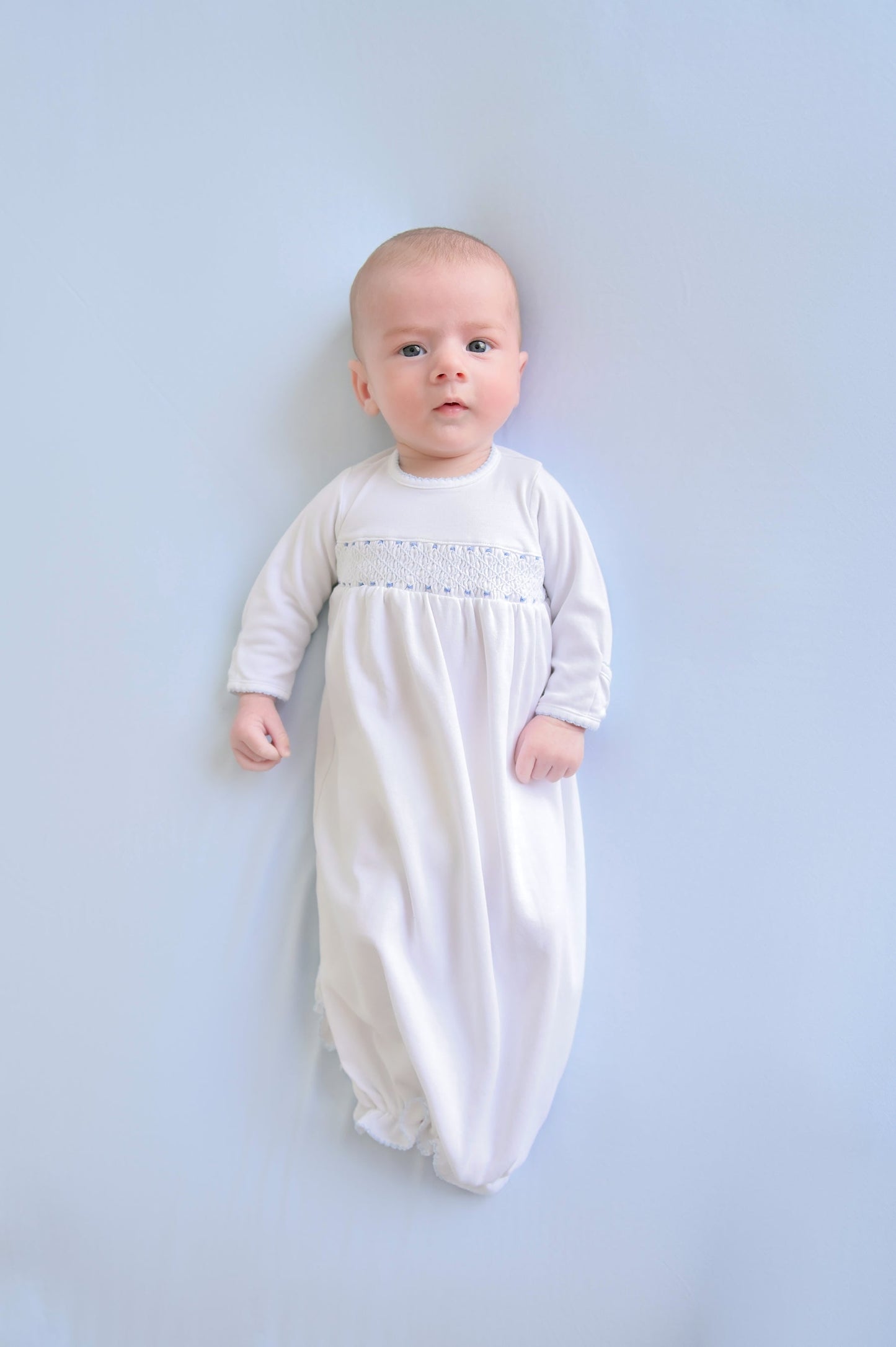 Beaufort Bonnet Sweetly Smocked Greeting Gown - Worth Avenue White with Buckhead Blue