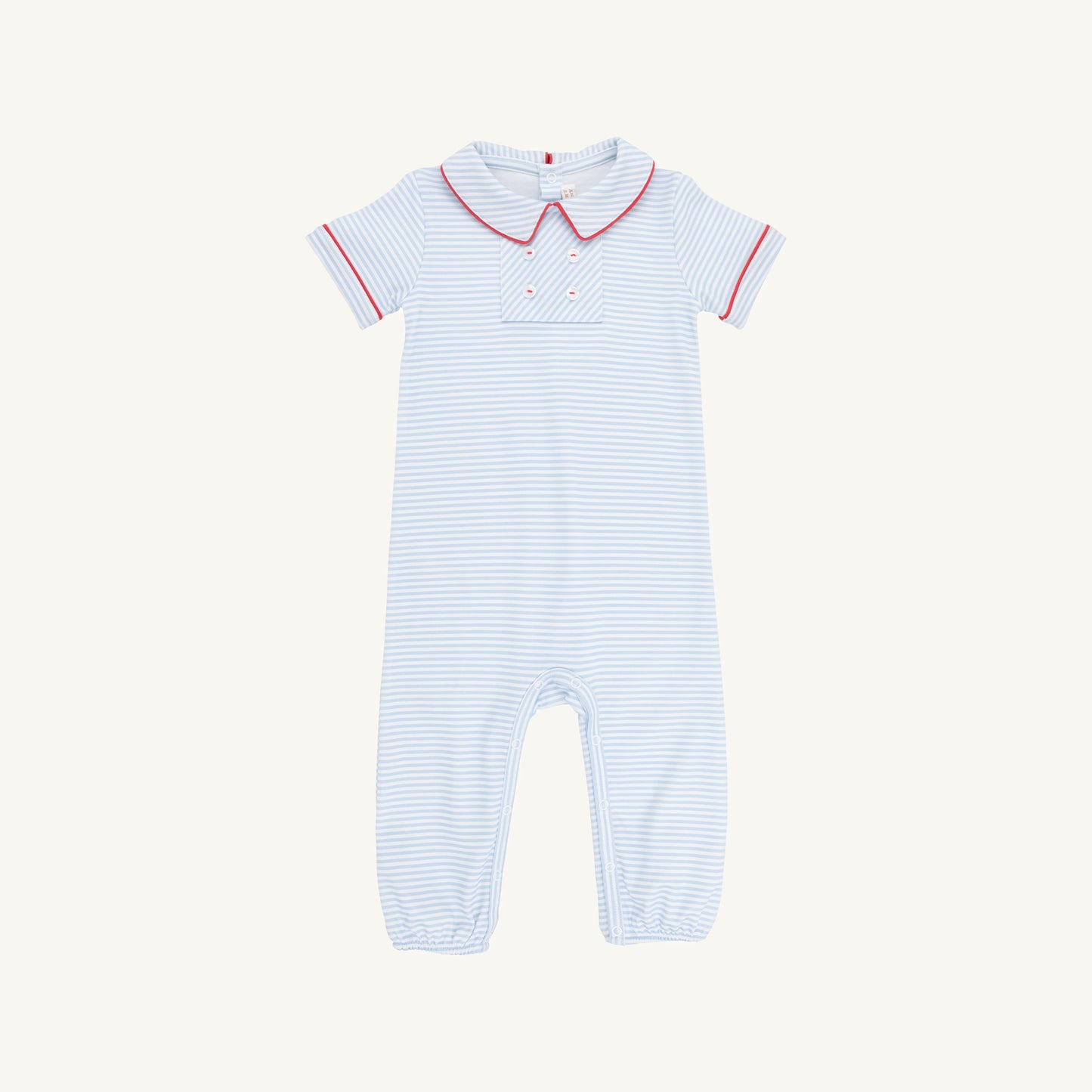 Beaufort Bonnet Benny Button Romper - Beale Street Blue Stripe & Red