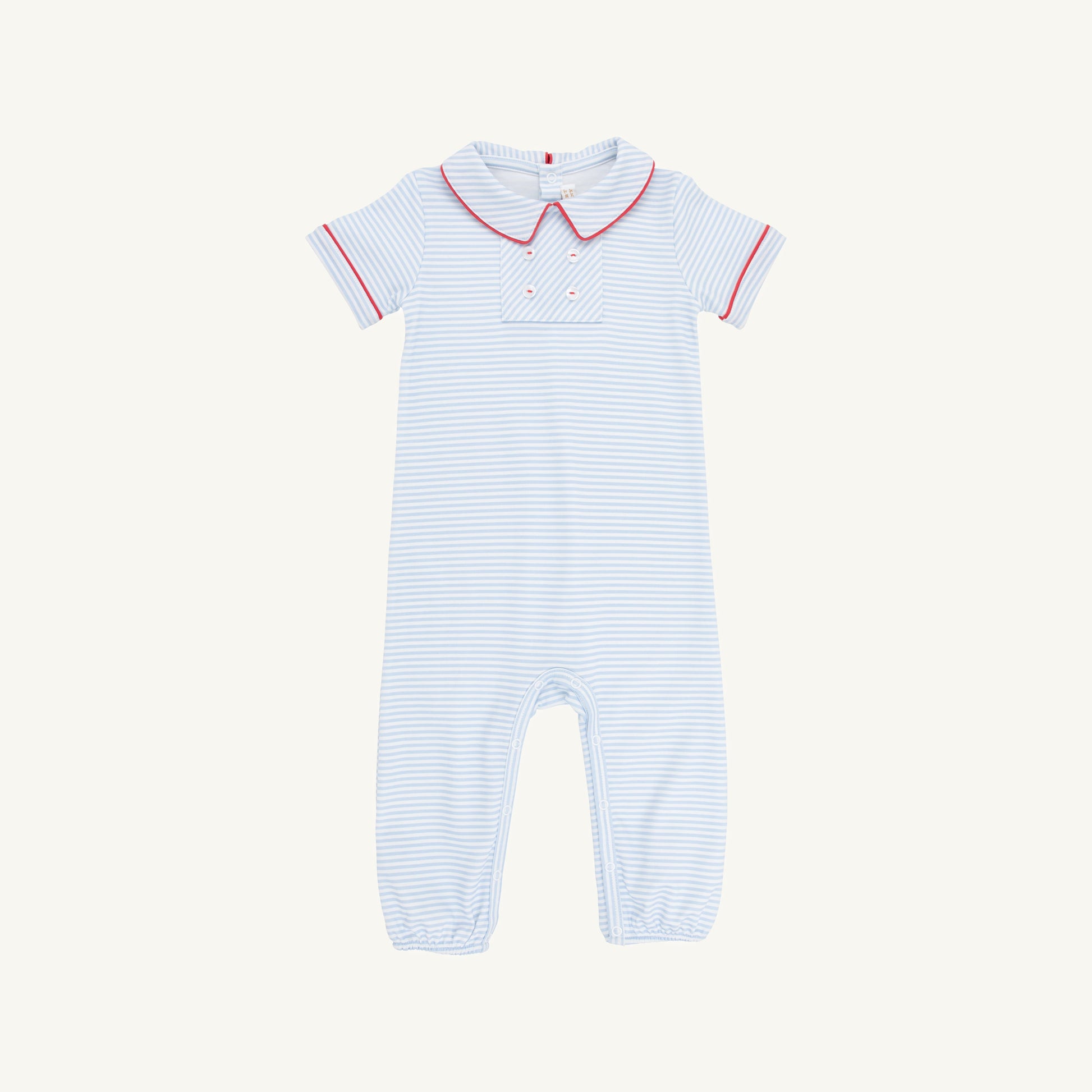 Beaufort Bonnet Benny Button Romper - Beale Street Blue Stripe & Red