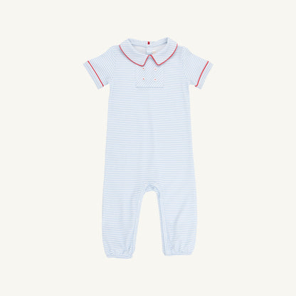 Beaufort Bonnet Benny Button Romper - Beale Street Blue Stripe & Red