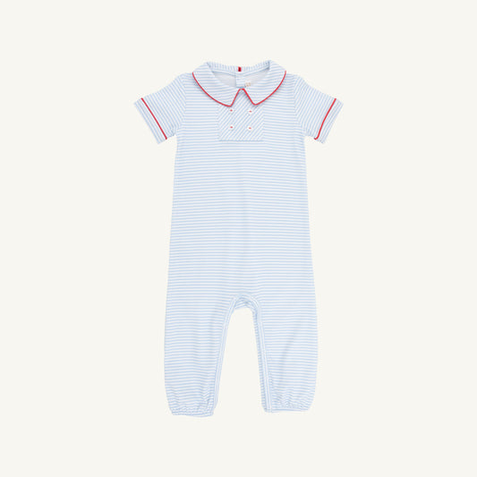Beaufort Bonnet Benny Button Romper - Beale Street Blue Stripe & Red