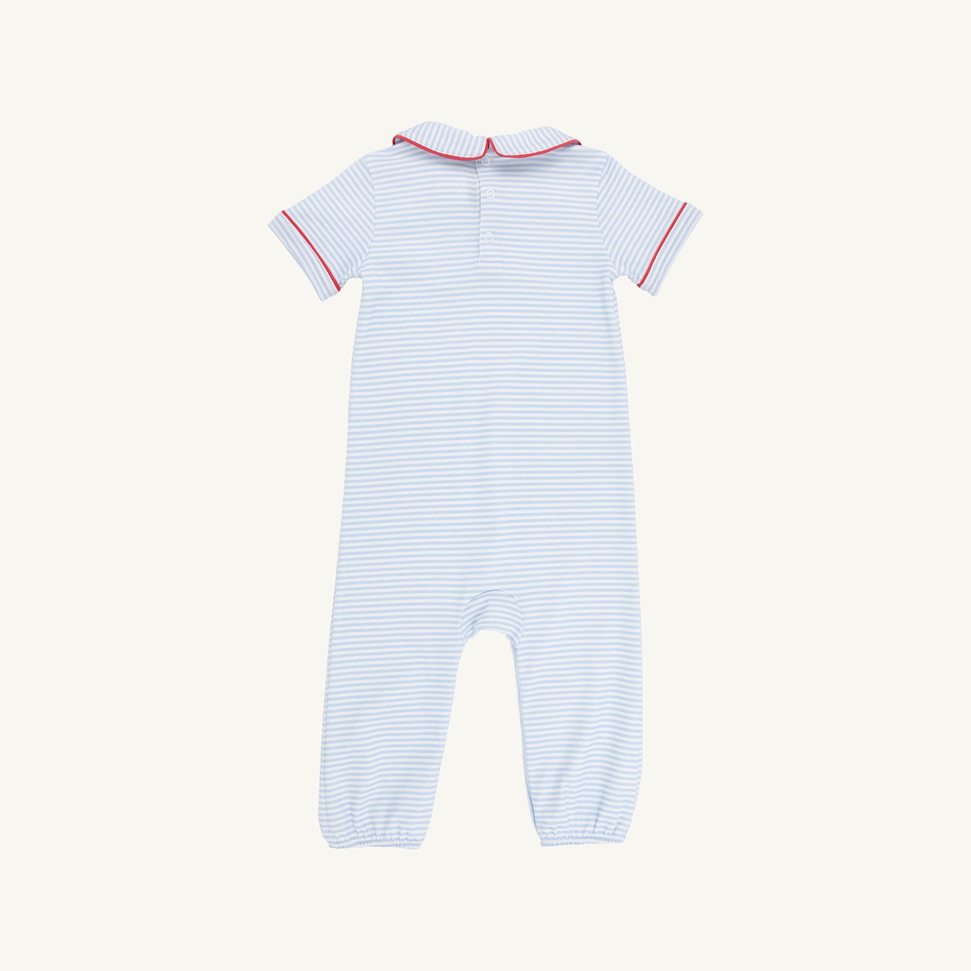 Beaufort Bonnet Benny Button Romper - Beale Street Blue Stripe & Red