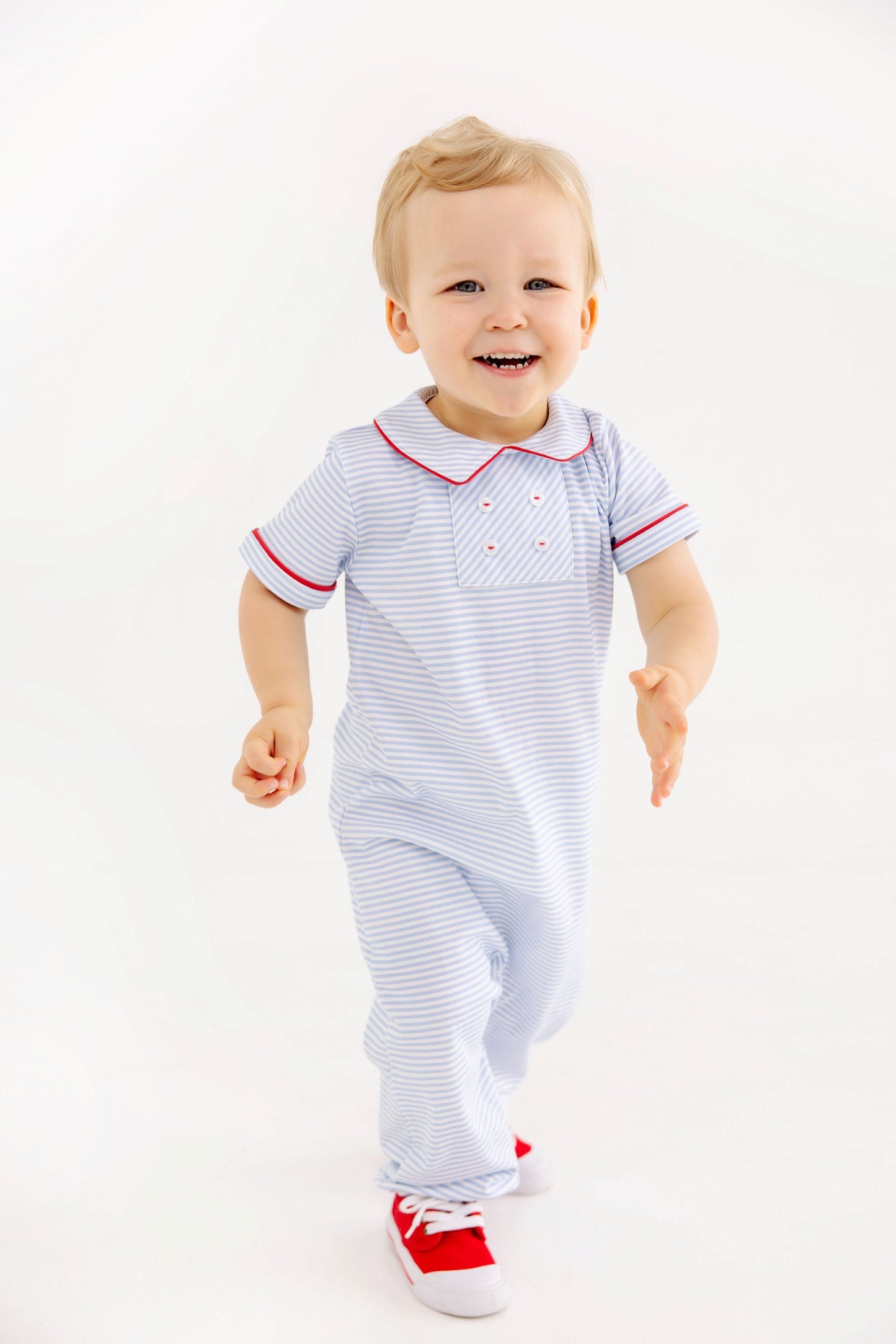 Beaufort Bonnet Benny Button Romper - Beale Street Blue Stripe & Red