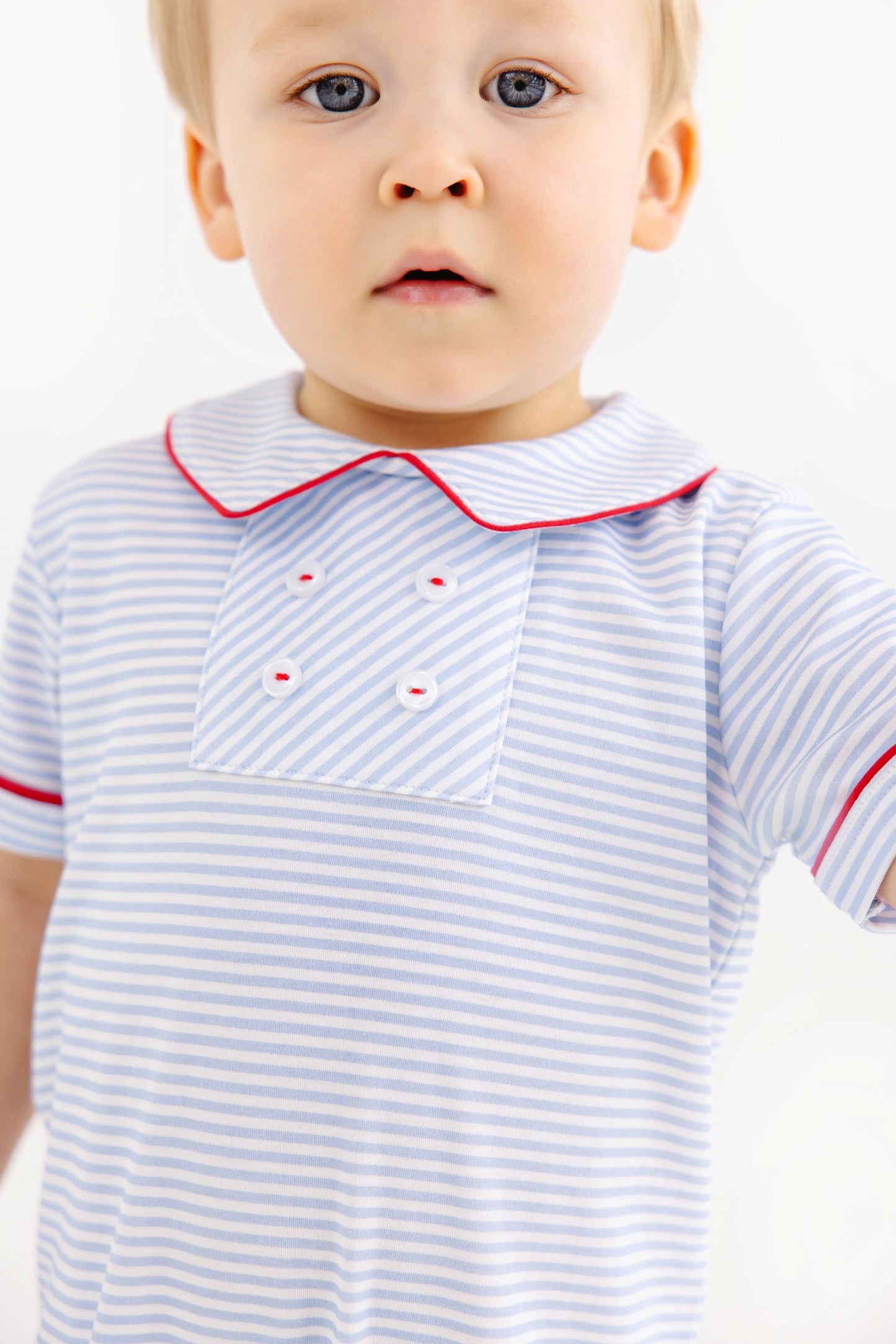 Beaufort Bonnet Benny Button Romper - Beale Street Blue Stripe & Red