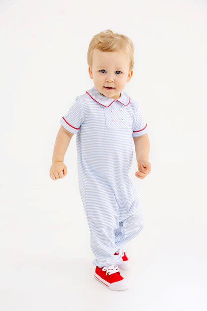 Beaufort Bonnet Benny Button Romper - Beale Street Blue Stripe & Red