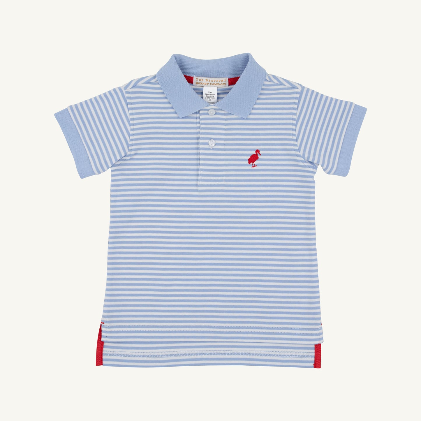 Beaufort Bonnet Prim & Proper Polo - Beale Street Blue Stripe with Red Stork
