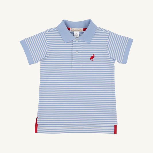 Beaufort Bonnet Prim & Proper Polo - Beale Street Blue Stripe with Red Stork