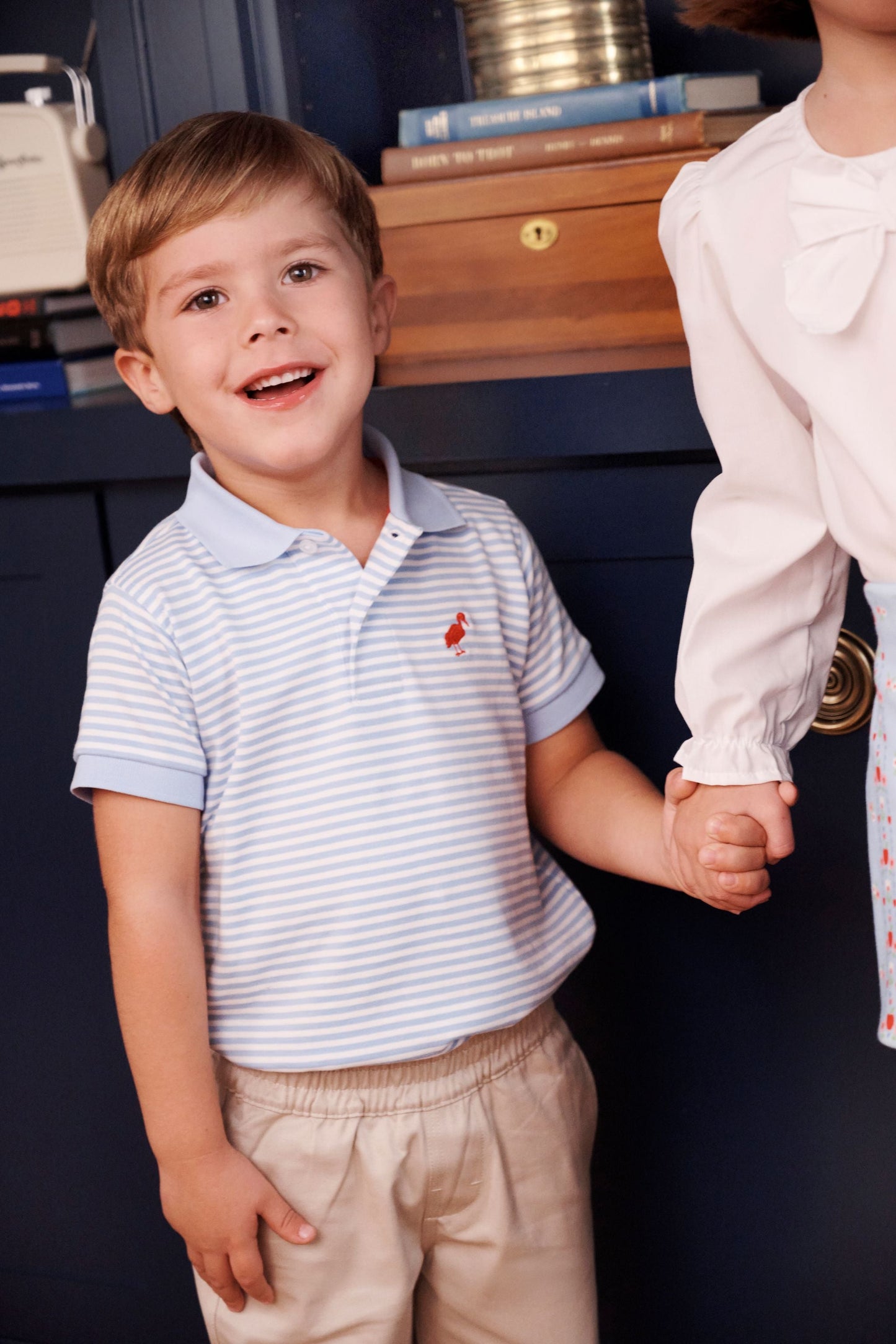 Beaufort Bonnet Prim & Proper Polo - Beale Street Blue Stripe with Red Stork