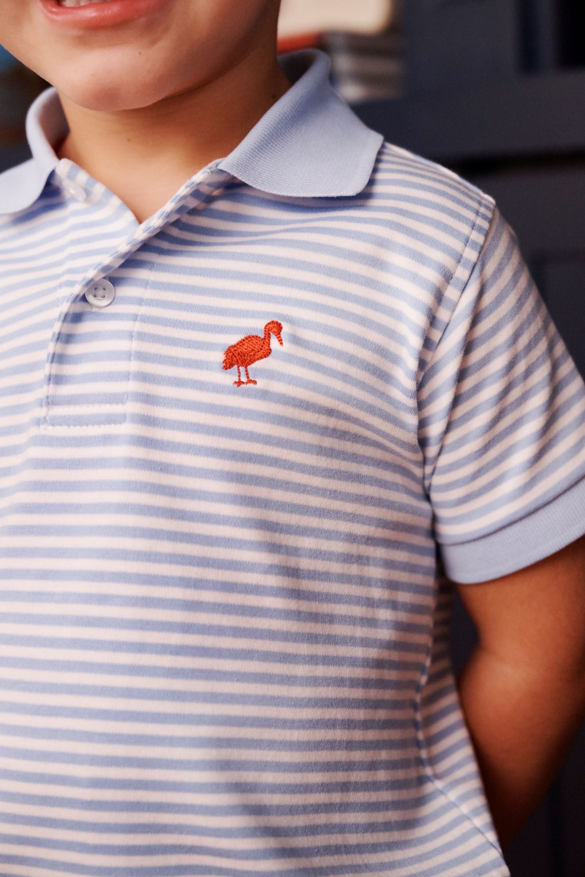 Beaufort Bonnet Prim & Proper Polo - Beale Street Blue Stripe with Red Stork