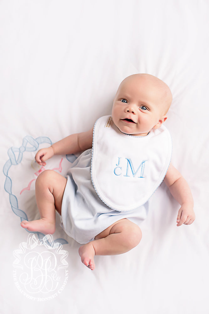 Beaufort Bonnet Bellyful Bib - Worth Avenue White with Buckhead Blue Picot Trim